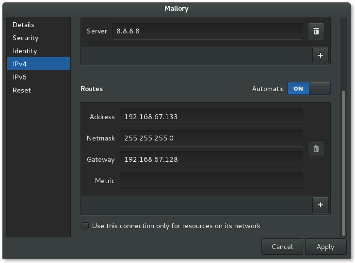 Wired connection to Mallory VM settings (2/2)