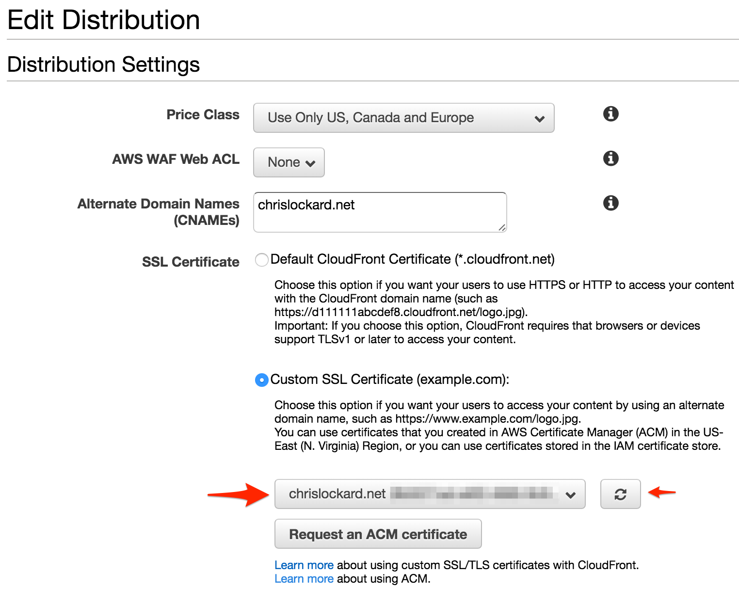 Select ACM Certificate in CloudFront settings
