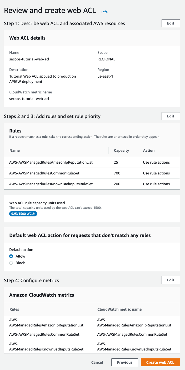 Review and finalize Web ACL creation