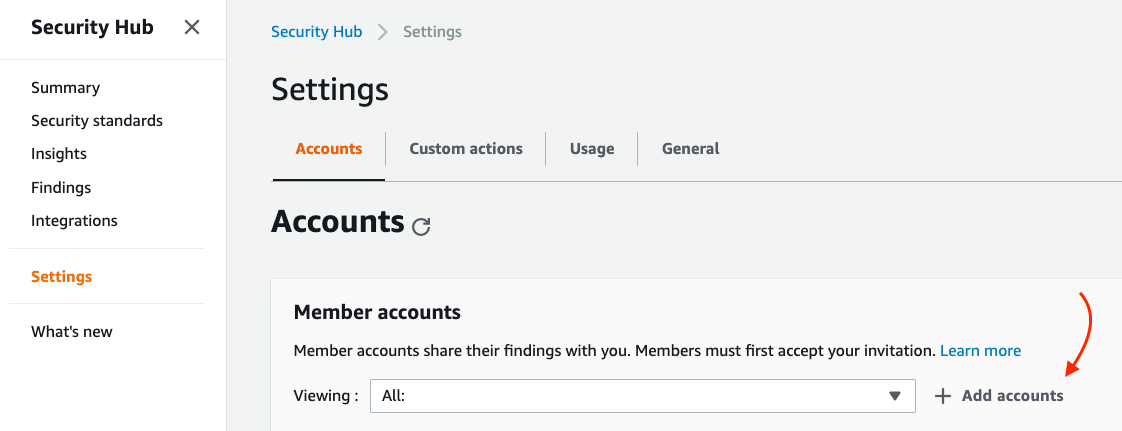 Add accounts in Security Hub